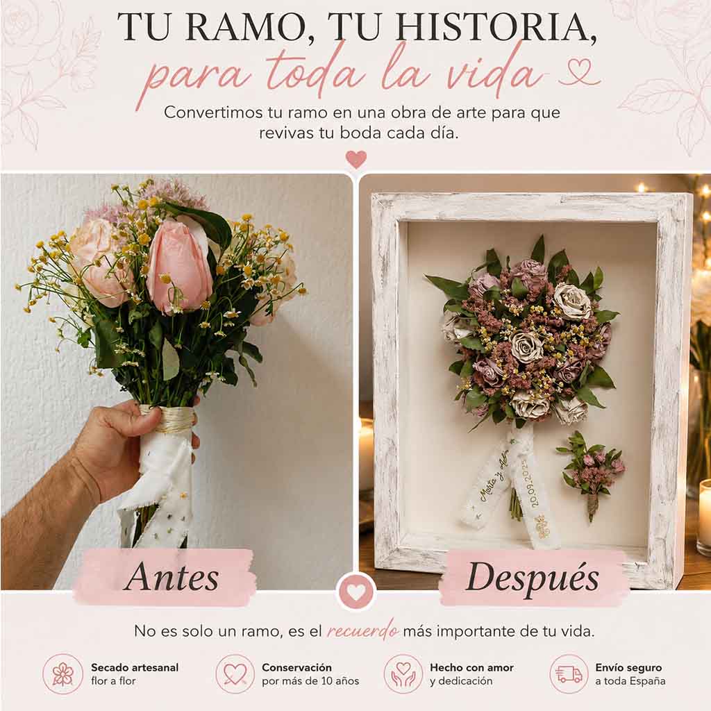 Secado y enmarcado de ramo de novia en marco de madera