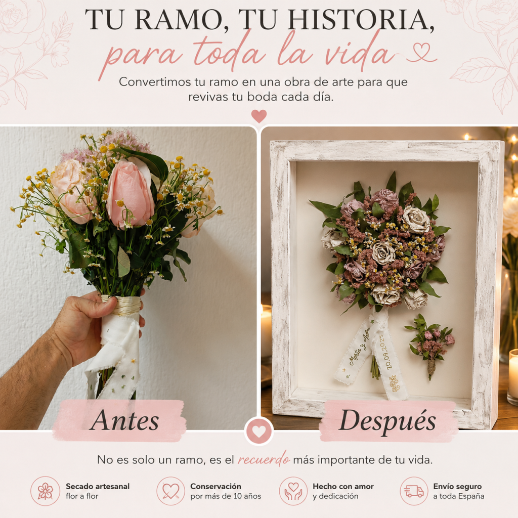 Secado y enmarcado de ramo de novia