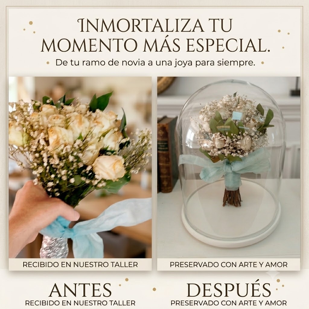 Secado y montaje de ramo de novia en cúpula de cristal