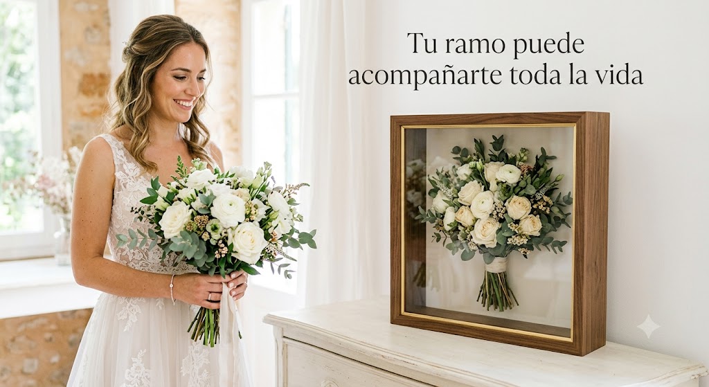 Novia con su ramo y enmarcado