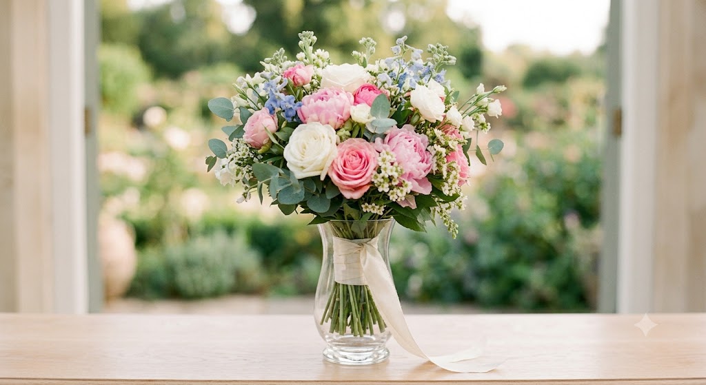 Ramo de novia con jarrón antes del envío a La Peana Taller de Flores